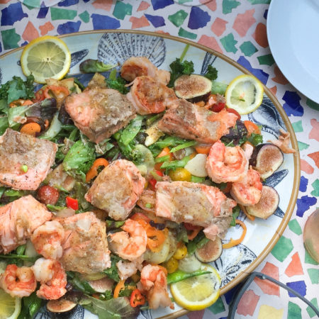 Fresh salmon, briny shrimp, and a garden of vegetables combine in the perfect summer salad.  (All photos credit: George Graham)