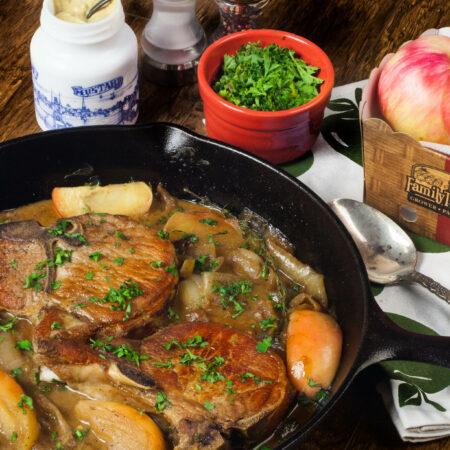 Apples and onions flavor these pork chops in a tasty black iron skillet classic combination. (All photos credit: George Graham)