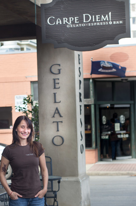 Silvia Bertolazzi outside her gelateria in downtown Lafayette, Louisiana. For Cajun recipes and Cajun cooking.