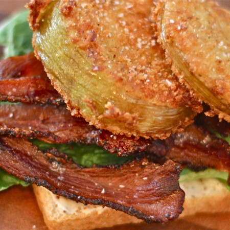 Pork Jowl and Fried Green Tomato BLT with Spicy Mayo