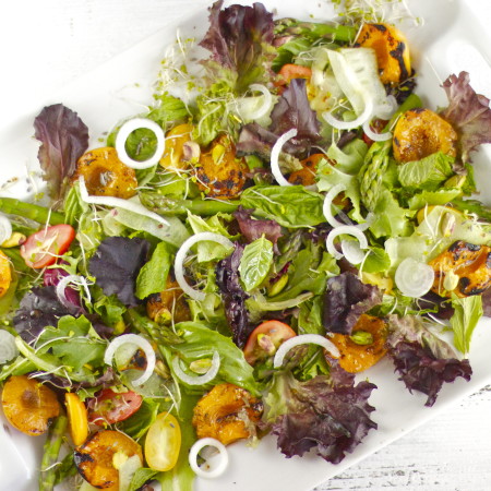 Grilled Apricot and Herb Salad with Pistachios and Lavender Buds