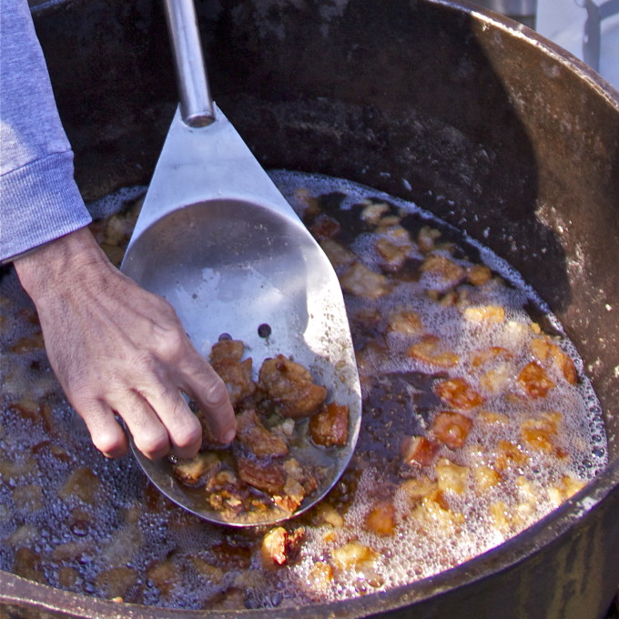 Hot cracklins--a Cajun recipe handed down through generations.