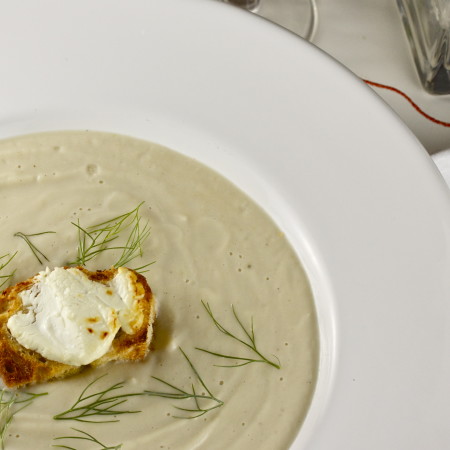 Cream of Cauliflower, Garlic and Fennel Soup with Goat Cheese Crouton