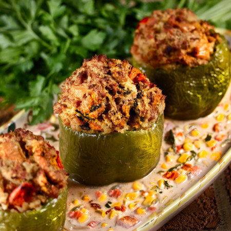 Chicken-Stuffed Bell Peppers with Maque Choux Sauce