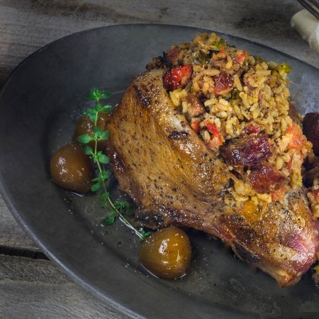 Fig-Glazed Double-Cut Stuffed Pork Chop with Andouille Rice