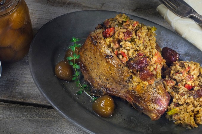 The sweet glaze balances the spicy rice in this smoked andouille stuffed pork chop. A classic Cajun recipe. (All photos credit: George Graham)