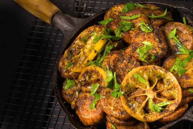 Griddled Eggplant Spicy griddled eggplant with a tangy Meyer lemon parsley vinaigrette is a delicious and easy Cajun recipe. (All photos credit: George Graham)