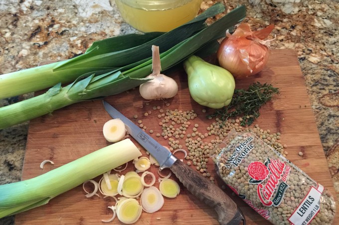 This is a simple and easy Cajun recipe for Lentil, Leek, and Mirliton Soup with just a few familiar ingredients.
