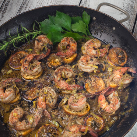 Cajun Shrimp Skillet: Jumbo shrimp bathed in a buttery bath of herbs and spices; the perfect appetizer skillet. (All photos credit: George Graham)