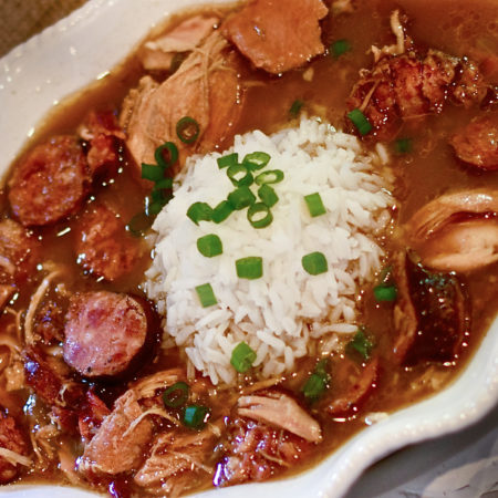 Chicken and smoked sausage gumbo worth begging for.  (All photos credit:  George Graham)