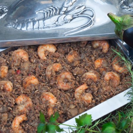 Baked in a casserole, this regal eggplant dish is crowned with Louisiana shrimp. (All photos credit: George Graham)