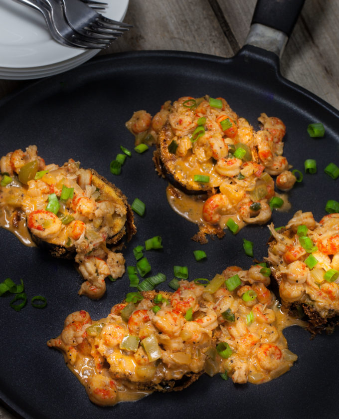 Fried Eggplant with Crawfish Étouffée skillet Serve this Fried Eggplant with Crawfish Étouffée recipe up family style.