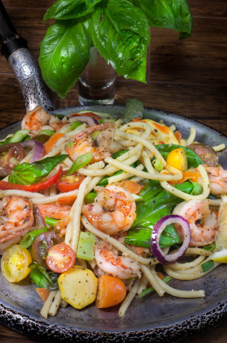 Gulf Shrimp Pasta Primavera skillet The fresh taste of spring in a light Gulf Shrimp Pasta Primavera recipe!