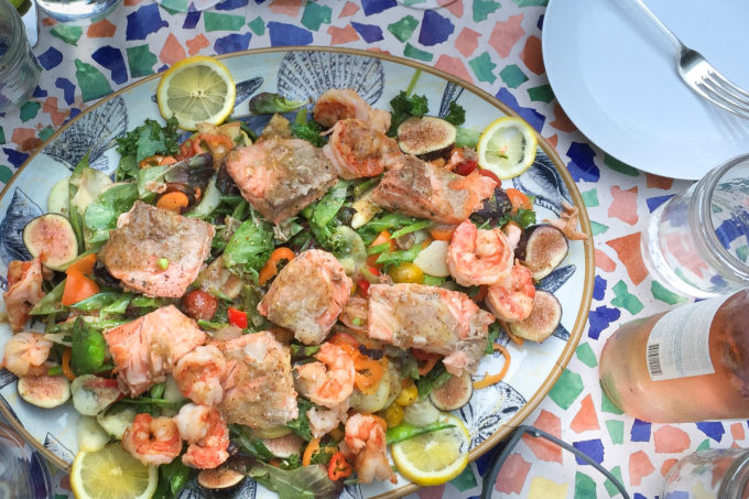 Salmon and Shrimp Salad with a garden of vegetables combine in the perfect summer salad. 