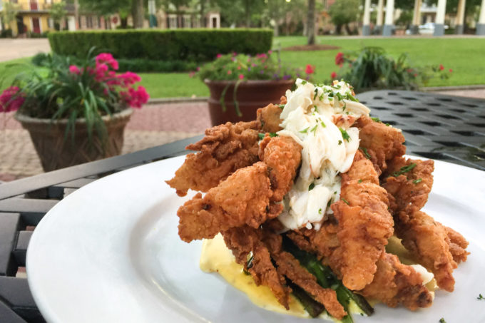 Fried Softshell Crabs piled high with a velvety sauce. 