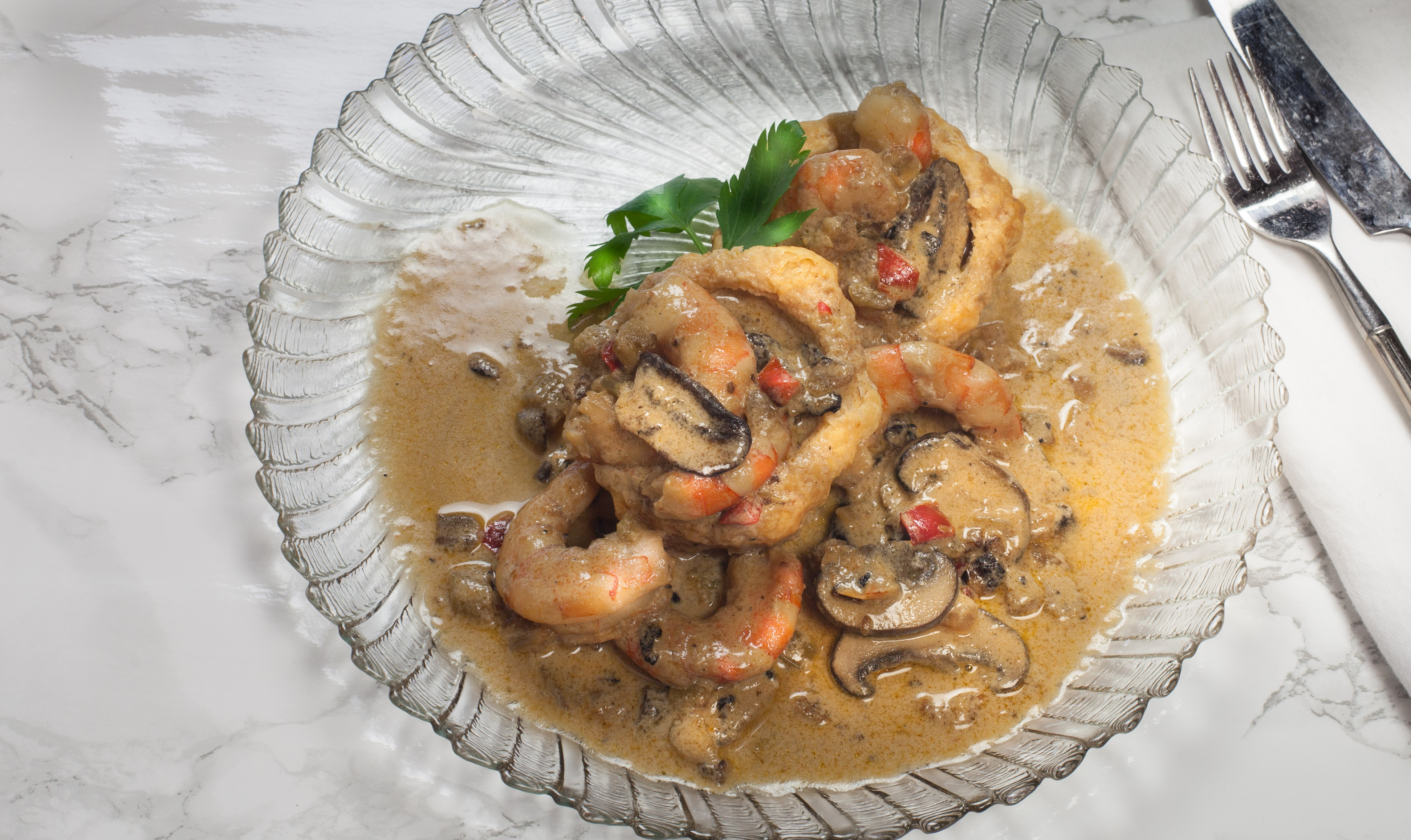 Shrimp and Mushroom Cream over Puff Pastry Shell is an elegant dish.