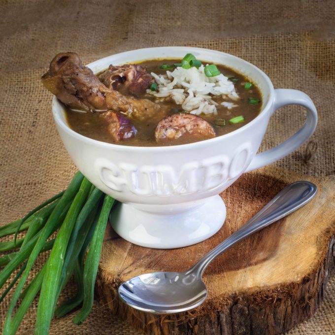 Served up steaming hot in your own personal gumbo mug, my Chicken Leg and Sausage Gumbo recipe is easy when made with Rox's Roux.