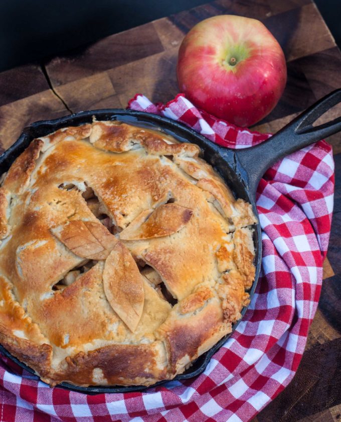 Lo's Apple Pie closeup Baked in a black iron skillet, Lo's Apple Pie is a Graham family tradition.