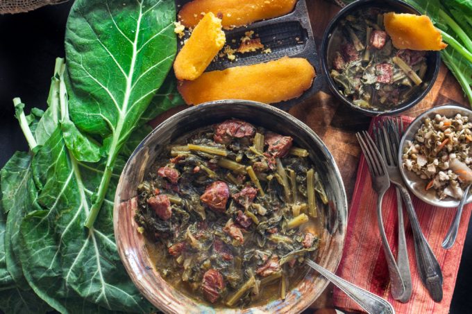 Braised Collards in Hock Stock Slowly simmered in a rich broth of smoked ham bones, my Braised Collards in Hock Stock is a journey to the heart of Southern cooking.
