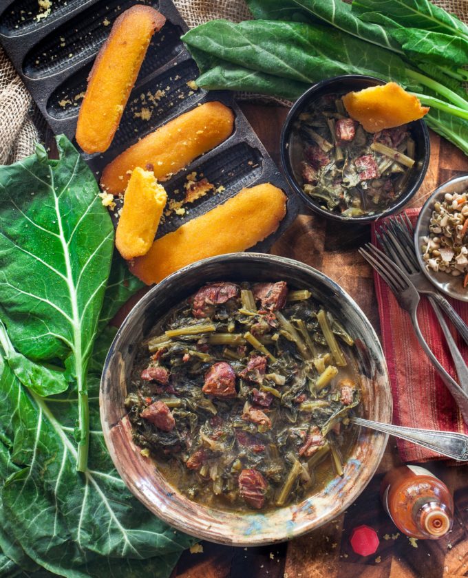 Braised Collards in Hock Stock with cornbread Searching for my Southern heritage in a bowl of collards.