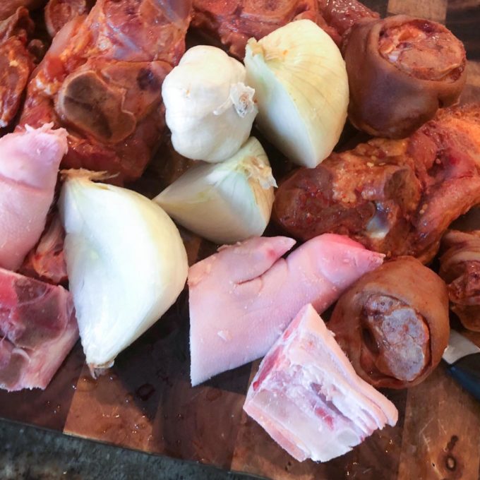 Smoked ham hocks and pig's feet make a rich stock.