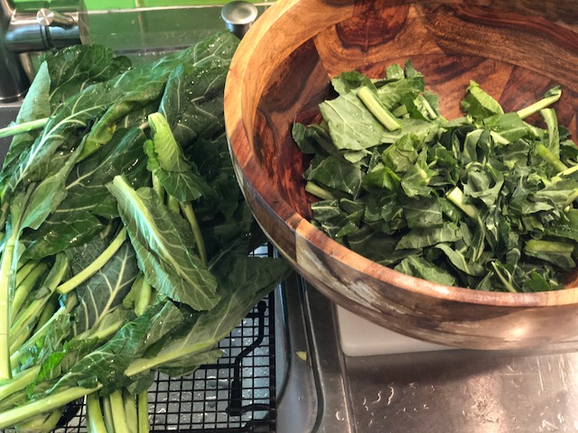 Cleaned and chopped, these collards are ready for a long braise.