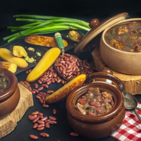 Warm up to a bowl of Red Bean, Mustard Green, and Green Onion Sausage Chowder.  (All photos credit: George Graham)