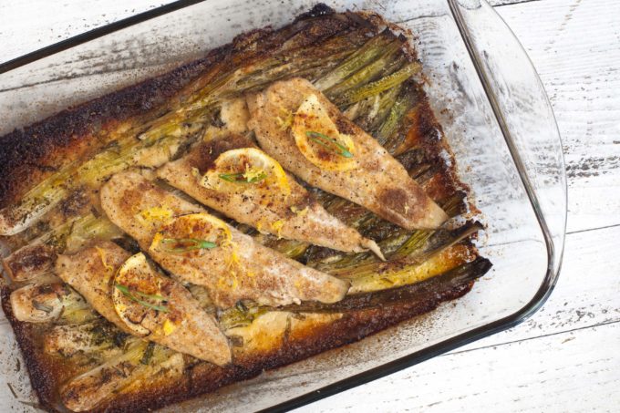 Baked Flounder with Spring Onion Gratin Sweet flounder contrasts deliciously with the tangy flavors of spring onions in a tarragon-infused cream sauce.
