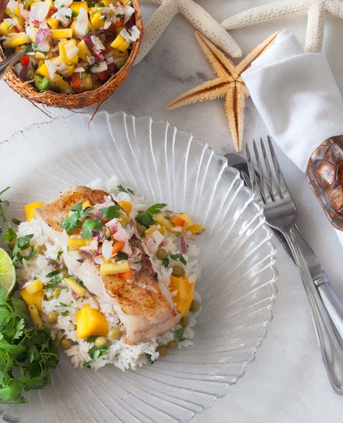 Tropical flavors blend deliciously in this Pan Seared Grouper with Mango Salsa and Coconut Rice