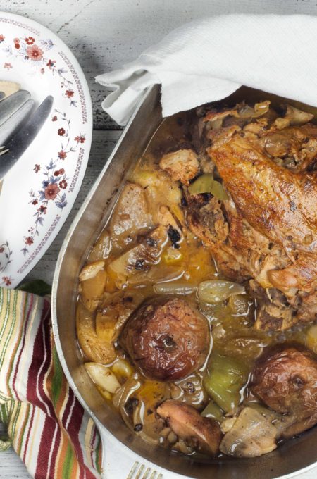 Pork Roast with Apple Pan Gravy in Dutch oven The flavor of apples and fresh aromatics work deliciously with a roast of pork.