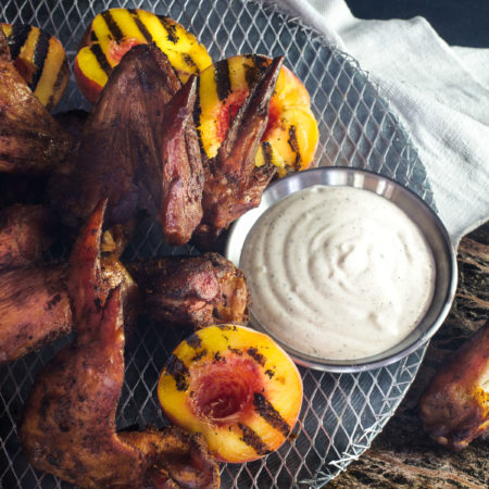 Chicken Wings with Alabama White Sauce and Grilled Peaches