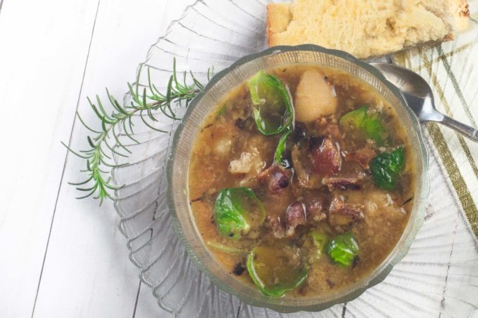 Chunks of potato and Brussels sprouts combine in this broth-based soup. (All photos credit: George Graham)