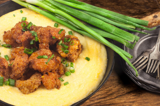 Stone-ground grits are the base for my spicy Creole shrimp. (All photos credit: George Graham)