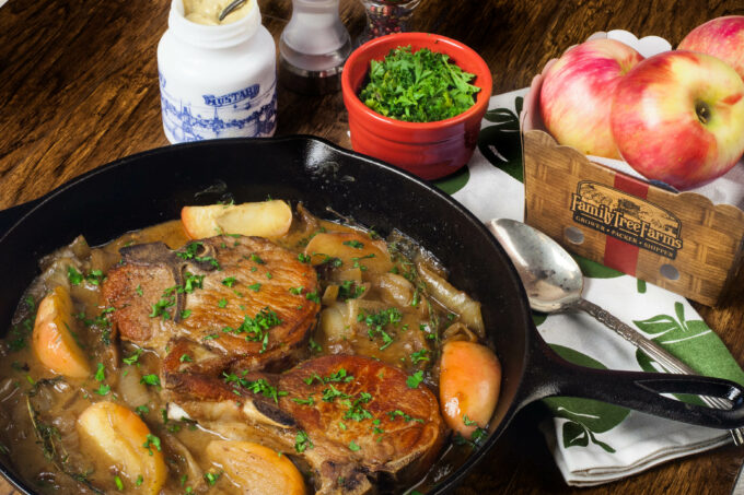 Apples and onions flavor these pork chops in a tasty black iron skillet classic combination. (All photos credit: George Graham)